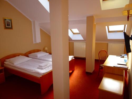 sypialnia z łóżkiem i dwoma świetlikami w obiekcie Hotel Bartis w mieście Bartoszyce