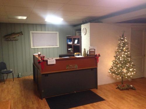 una oficina con un árbol de Navidad en una habitación en Steelhead Inn, en Erie
