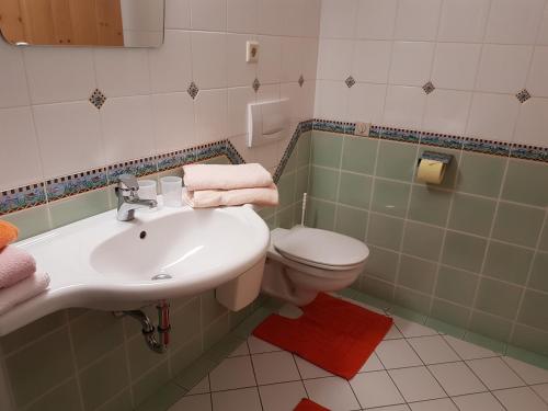 ein Badezimmer mit einem weißen Waschbecken und einem WC in der Unterkunft Haus Fischer in Dorfgastein
