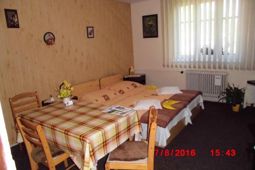 um quarto com uma cama, uma mesa e cadeiras em Apartmán v secesní vile em Úpice