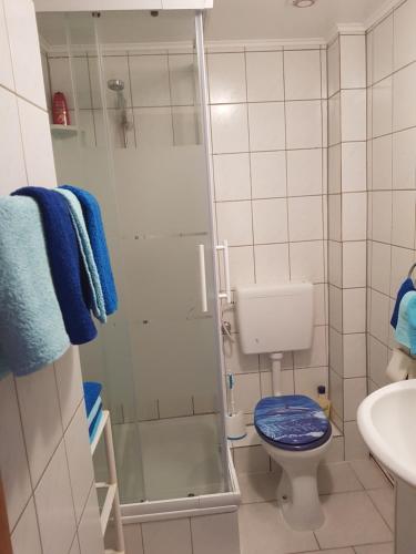 ein Bad mit einer Dusche, einem WC und einem Waschbecken in der Unterkunft Sonnige Ferienwohnung WHV in Wilhelmshaven