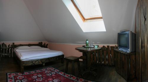 a room with a bed and a tv and a table at Complex Vivcharyk in Skole
