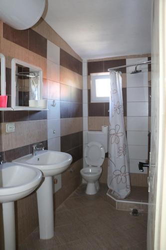 ein Bad mit einem Waschbecken und einem WC in der Unterkunft Hostel Trajan in Donji Milanovac