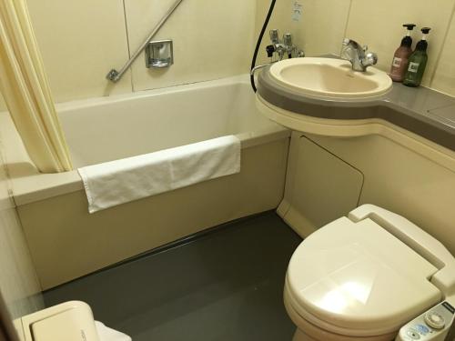 a small bathroom with a toilet and a sink at Mizuho Inn Iwami Masuda in Masuda