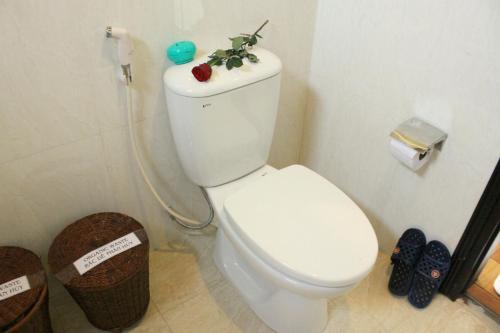 a bathroom with a toilet with a plant on top of it at Green CoCo HomeStay in Hoi An