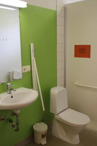 a green bathroom with a toilet and a sink at Helgafell Hostel in Djúpivogur
