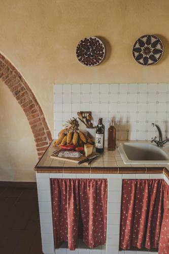 a kitchen with a sink and a counter with a bowl of fruit at Agriturismo Zampugna in Montefollonico