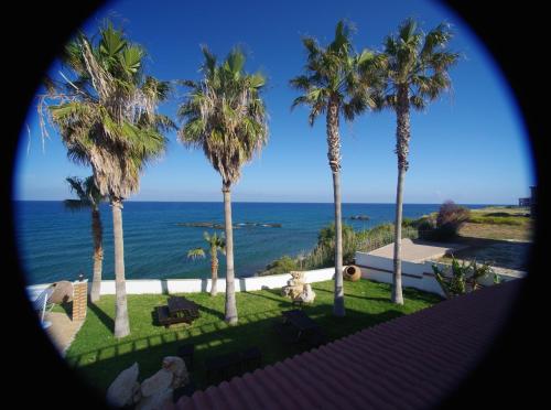 a view of the ocean from a house with palm trees at Sun Camero Apartments in Pomos