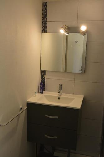 une salle de bain avec un lavabo et un miroir dans l'établissement Appartement Antinea, au Cap d'Agde