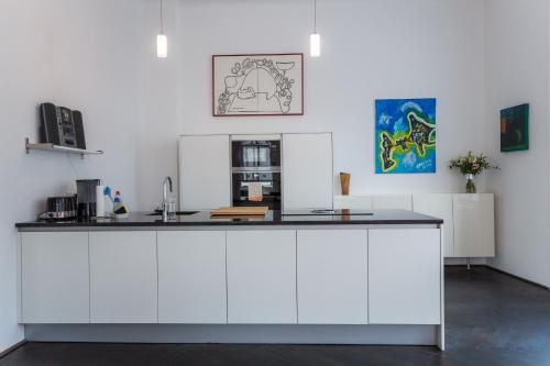 kuchnia z białymi szafkami i czarnym blatem w obiekcie Grand Soho Apartment w Wiedniu