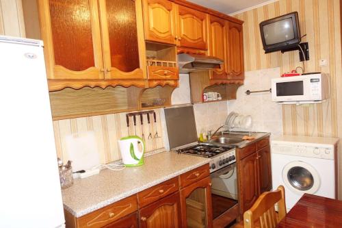 モスクワにあるАпартаменты Новокузнецкаяの小さなキッチン(木製キャビネット、コンロ付) 上部オーブン