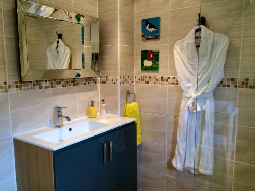 a bathroom with a sink and a mirror at Lochedge Lodge in Bunavoneader