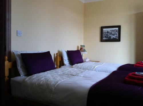 ブリストルにあるザ ホースシューの紫色の枕が備わる客室内のベッド2台