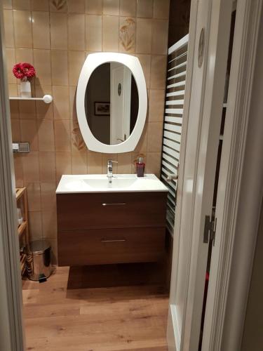 a bathroom with a sink and a mirror at Pensión El Espolón in Logroño
