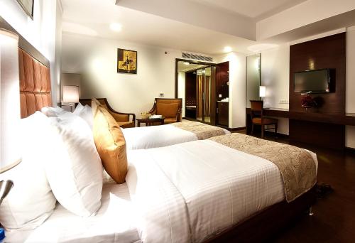 Una habitación de hotel con dos camas y un televisor. en The Golden Plaza Hotel, en Chandīgarh