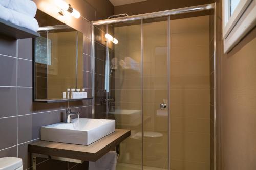 a bathroom with a sink and a shower at Le Pardaillan in Gondrin