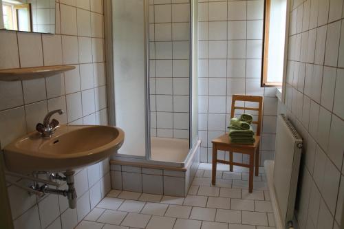 ウッテンドルフにあるFerienhaus Ludlのバスルーム(シンク、シャワー、椅子付)