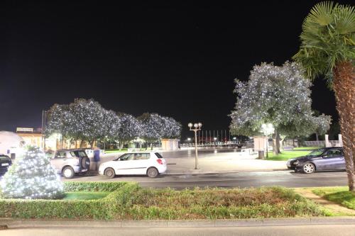 a parking lot with parked cars and trees at night at Apartments Morski Svet Portorož in Portorož