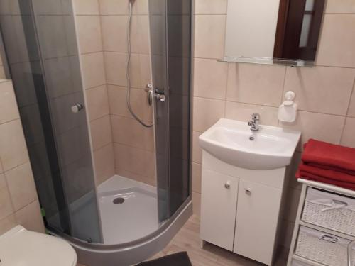 uma casa de banho com um chuveiro, um lavatório e um WC. em deLux4 em Lódź