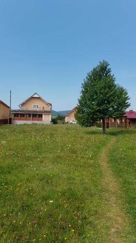 a grassy field with a tree and a house at Lara in Solochin