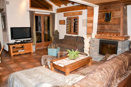 a living room with a couch and a fireplace at Chalet des Trappeurs Coeur Vanoise 15 persons in Champagny-en-Vanoise