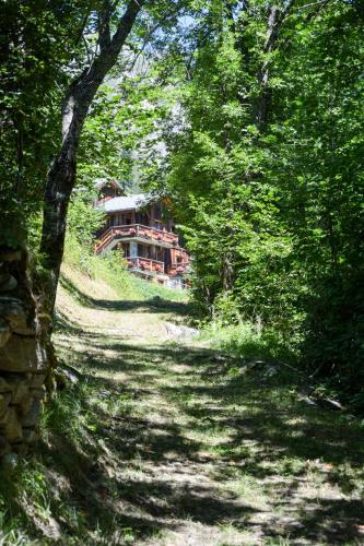 a house in the middle of a forest of trees at Chalet des Trappeurs Coeur Vanoise 15 persons in Champagny-en-Vanoise