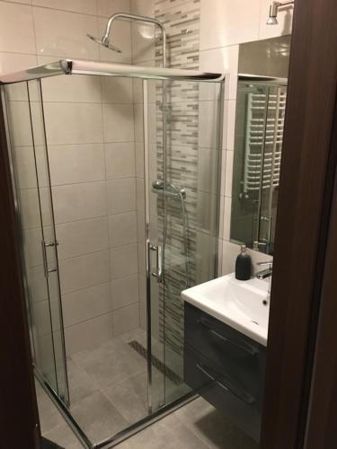 a bathroom with a glass shower and a sink at Apartament JULIA in Świnoujście