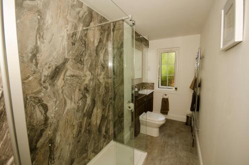 a bathroom with a shower and a toilet at Apartment 101 Kingsmills Road in Inverness