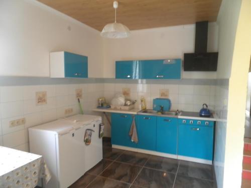 a kitchen with blue cabinets and a white refrigerator at Pod Kabajka in Polańczyk