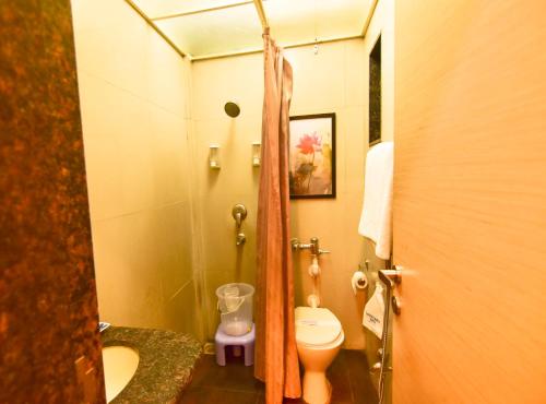 a small bathroom with a toilet and a sink at MY Bizz Hotel Sapna in Pune