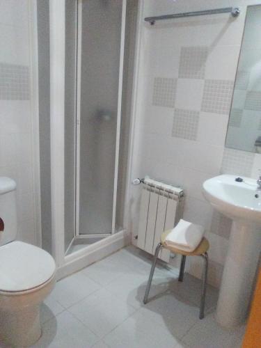 a bathroom with a shower and a toilet and a sink at Hostal Restaurante Taracena in Yunquera de Henares
