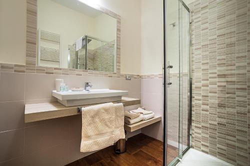 y baño con lavabo y ducha. en B&B Portacastello, en Castel Lagopesole