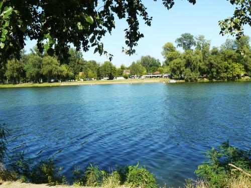 een grote hoeveelheid water met bomen op de achtergrond bij Angéla Vendegház in Tokaj