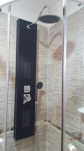 a shower with a glass door and a shower head at Che Cauquen in Puerto Santa Cruz