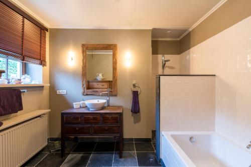 een badkamer met een bad, een wastafel en een spiegel bij Chez Maintje in Bassevelde