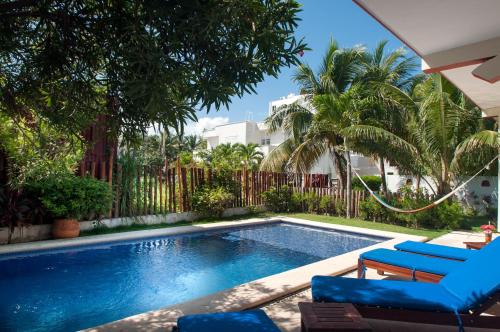 a swimming pool with blue chairs and a fence at Casa Anita - Relaxing Home Steps from the Puerto Morelos Beach in Puerto Morelos