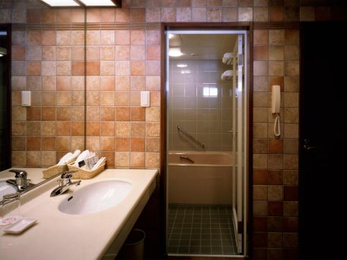 a bathroom with a sink and a shower at Yakushima Iwasaki Hotel in Yakushima