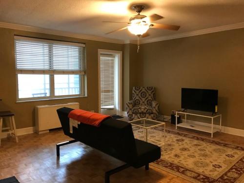 a living room with a couch and a tv at Simple Beauty Downtown Condo Sleeps 4 (14N) in Atlanta