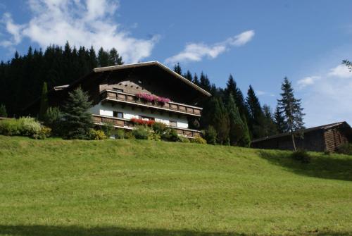 a house on top of a grassy hill at Pension Chalet Bergseegut in Wagrain