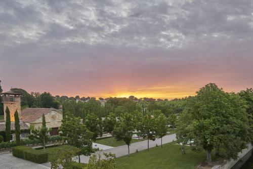 a view of a park with trees and a sunset at Hacienda Zorita Wine Hotel & Spa in Valverdón