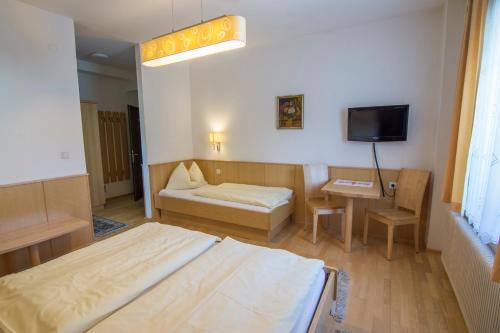 a room with a bed and a table and a tv at Triebenerhof in Trieben