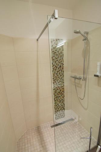 a bathroom with a shower with a glass door at Triebenerhof in Trieben