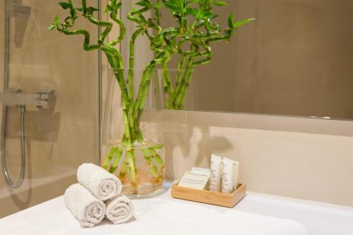 eine Badezimmertheke mit Handtüchern und eine Vase mit einer Pflanze in der Unterkunft Your Lisbon Home Santa Apolonia in Lissabon