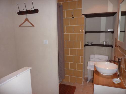 a bathroom with a sink and a toilet in it at La Calade Chambres d'Hôtes & Espace Bien-Etre in Chirols