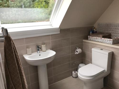 a bathroom with a toilet and a sink and a window at Whitehill in Finzean