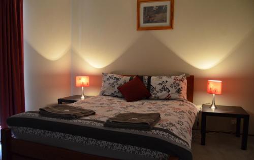 a bedroom with a bed with two lamps on it at Nulla Nulla Farm Retreat in Moorine Rock
