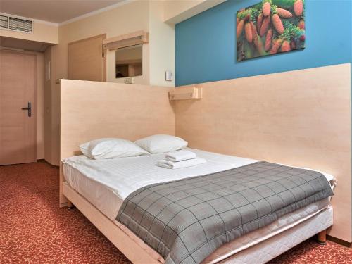 a bedroom with a bed with a blue wall at Rija Bauska Hotel in Bauska