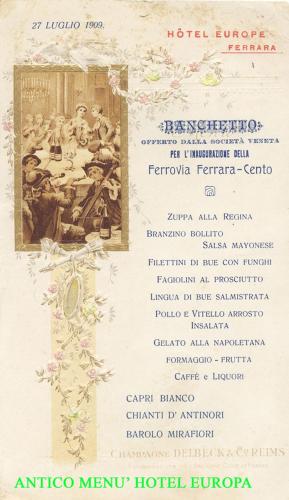 a menu for an antico menu hotel eurocolo at Hotel Europa in Ferrara