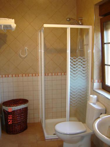 a bathroom with a shower and a toilet and a sink at Apartamentos Antonio in Ubiarco
