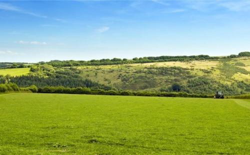 a field of green grass with a truck in the distance at Zeal Farm in Dulverton